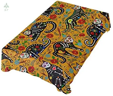 

Sugar Skull Black Cats Mexican Day Of The Dead Rectangle Tablecloth Anti Wrinkle Table Cover For Dining Kitchen Parties