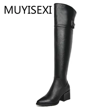 

Woman over knee-high long boots genuine leather handsome 6.5cm high heels pointed toe keep warm riding black BLD06 MUYISEXI
