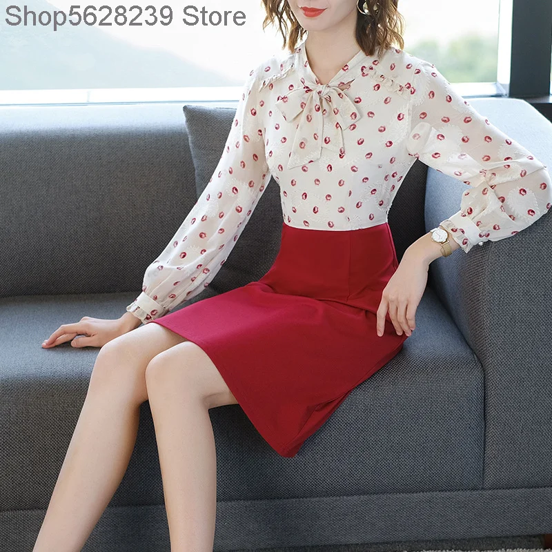 

Temperament Small g Storm Point Printing Splicing Fake Two Piece Dress Female Slim 2020 Bow Backing Skirt