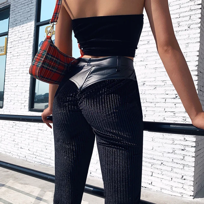 

92399 Amazon Knit Pit PU Stitching Stretch Tight Pants Punk Bf Strap Hip Sexy Pants