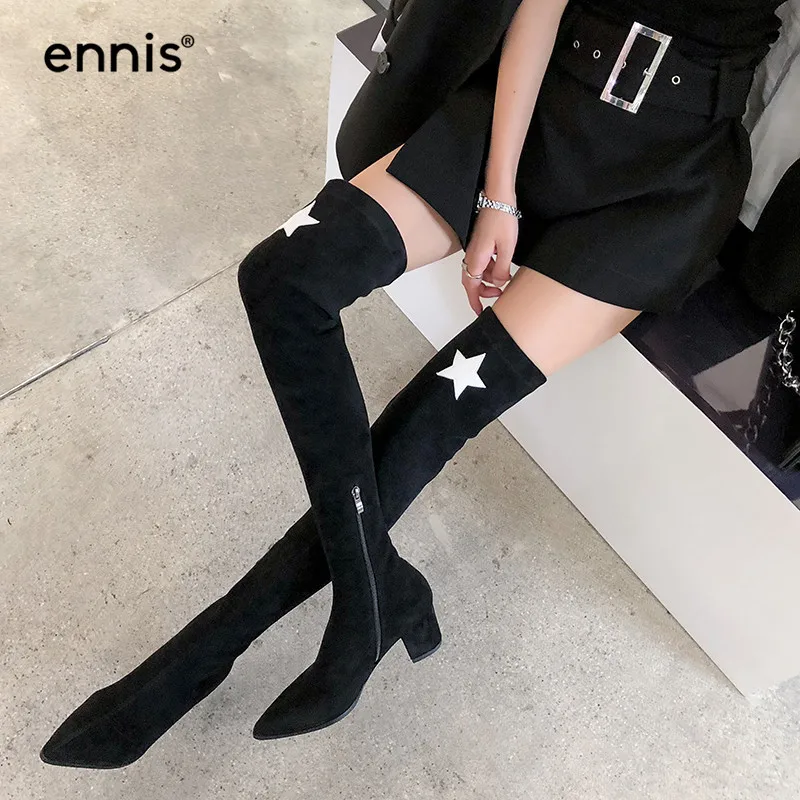 ENNIS/узкие эластичные сапоги выше колена на высоком каблуке женские зимние сапоги с острым носком Осенняя черная обувь из флока Большие размеры L931
