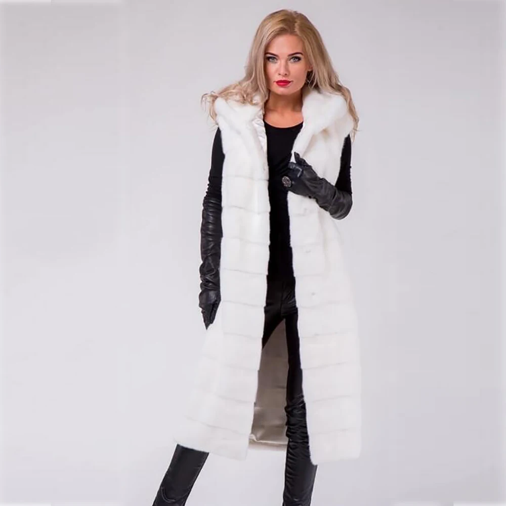 Warm Real Mink Fur Coat Women Winter Gilet Vest Wrap Cloak With hood NEW Jacket Overcoat Female Ladies Fashion Furs Jacket