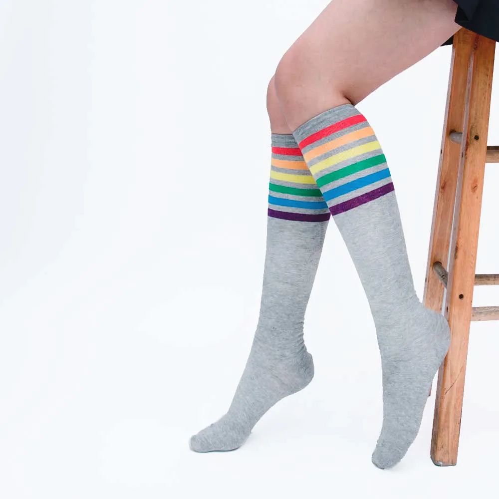 Антибактериальные модные высококачественные хлопковые носки выше колена в радужную полоску; удобные длинные носки для девочек; мягкие эластичные носки;# D