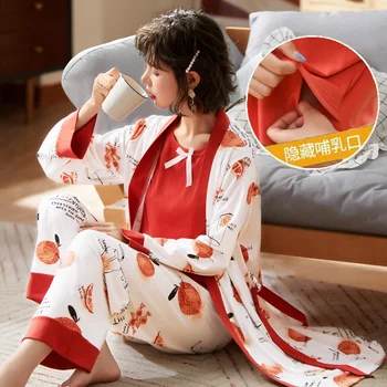 

367# 3PCS/Set Printed Cotton Maternity Nursing Sleepwear Suits Feeding Nightwear Clothes for Pregnant Women Pregnancy Pajamas