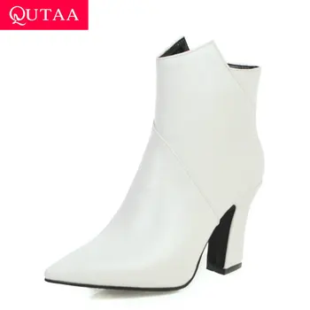 

QUTAA 2020 PU Leather Sexy Pointed Toe Warm Fur Women Shoes Autumn Winter Square High Heel Zipper Fashion Ankle Boots Size 34-43