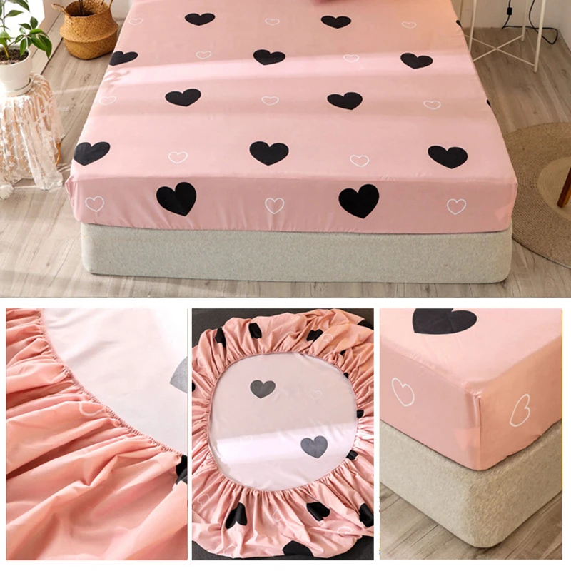 Fitted Bed Sheet with Pillowcase Red Heart Printed White Color Drap  180x200cm