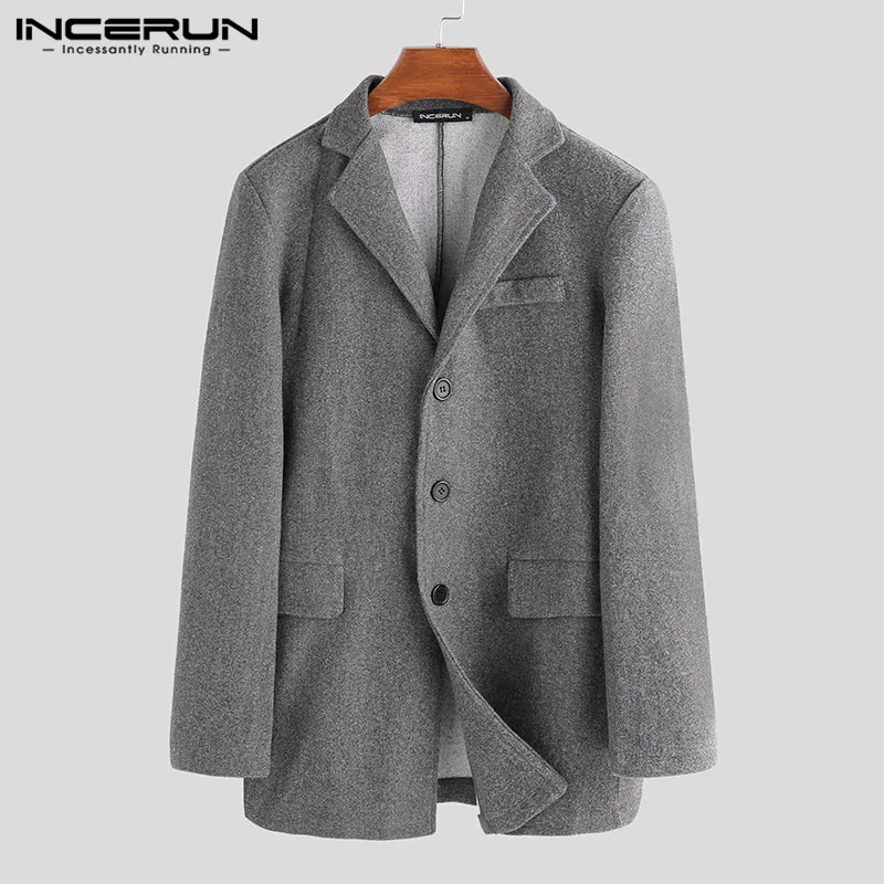 INCERUN мужской Тренч из искусственного флиса, куртки на пуговицах с длинным рукавом, зимняя повседневная однотонная деловая верхняя одежда, Мужское пальто уличная - Цвет: Dark Gray Coats