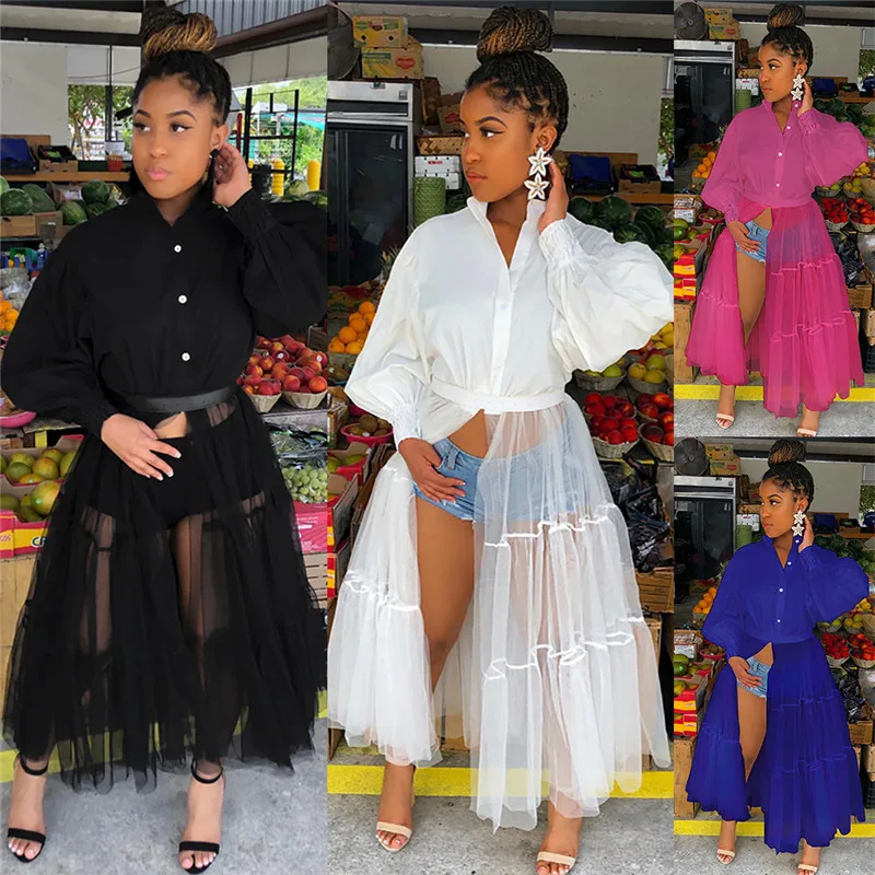 

New Sexy Mesh Patchwork Long Puff Sleeve Dress Autumn Clothes for Women Shirt Vestidos Night Clubwear Party Long Loose Dresses