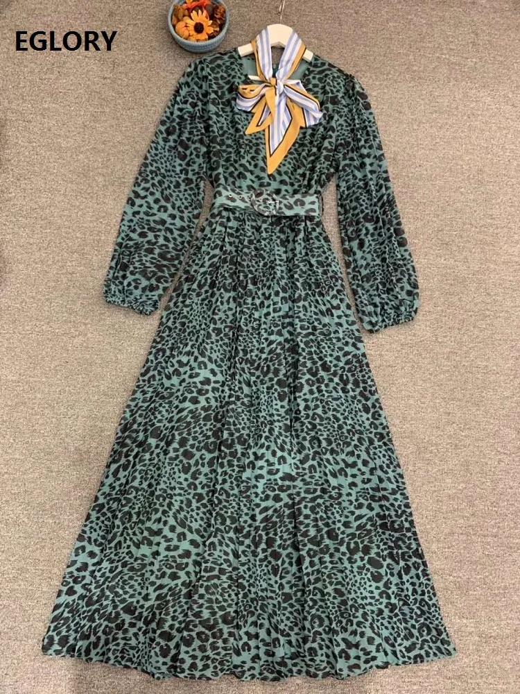 

Top Quality New Long Dress 2020 Autumn Party Evening Vestidos Women Bow Collar Sexy Wild Leopard Print Long Sleeve Dress Maxi