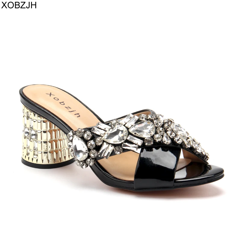 

Brand Women Shoes Summer luxury G Sandals 2019 Designer Handmade Rhinestone Sandals Black Leather block heel Slipper Shoes Woman