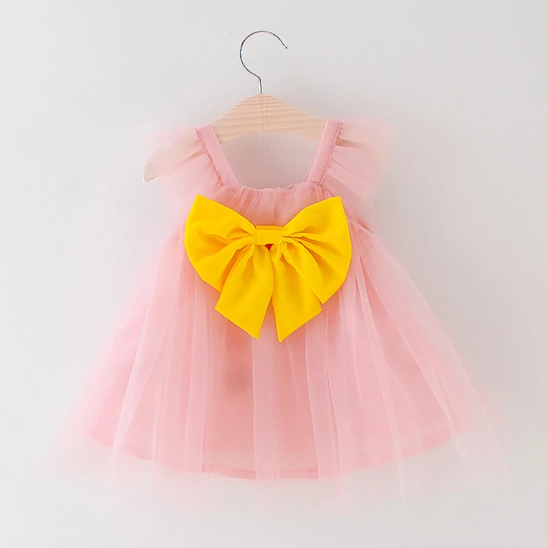 Casual Baby Girl Clothes 2 Colors Cute Big Bow Mesh Summer Dress Sweet Princess Pink Girls 1-4 Years Old Dresses | Детская одежда и