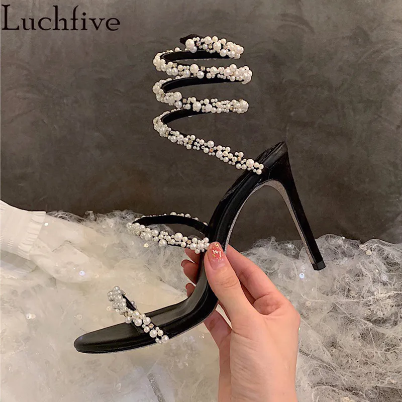 

Pearl Crystal Circle Sandals Women Thin High Heels Party Shoes Open Toe Gladiator Stiletto Black Shoes Woman