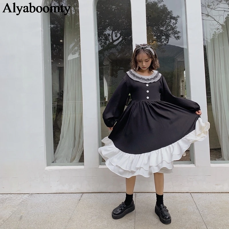 Японское Харадзюку женское черное миди-платье готичный панк стиль Косплей Лолита платье Kawaii двухслойные оборки Хэллоуин платья - Цвет: Black
