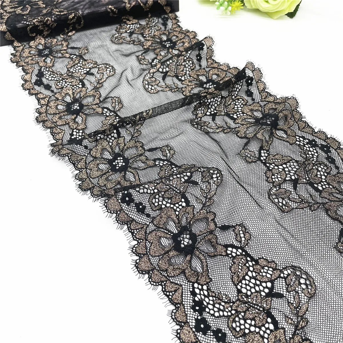 Lace, Stretch Lace, 9 Black with Silver Floral Stretch Lace, 9 inch