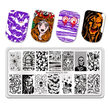 

Beautybigbang Nail Stamping Plates Halloween skull ghost punk Theme Image 12*6cm Template Mold Nail Art Stencil BB2