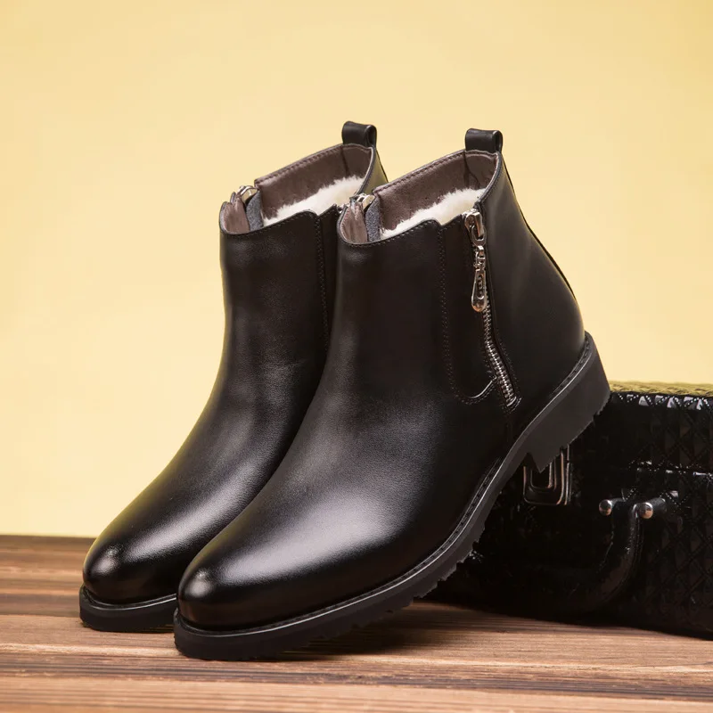 

2019 Winter Business Men's Boot Chelsea Leather Boot Pointed-Toe Side Zipper MEN'S Short Boots Fashion plus Velvet Warm Cotton-p