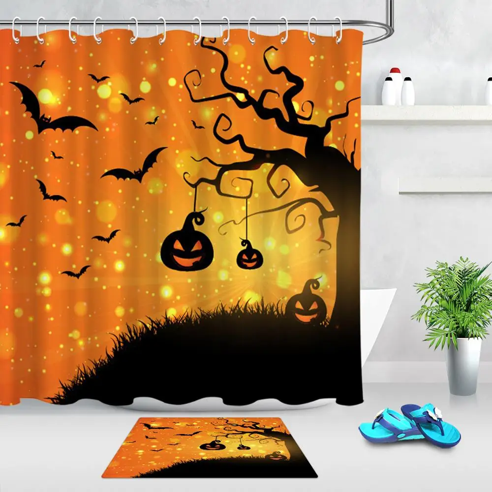 

Happy Halloween Dead Tree Hanging Pumpkins Cartoon Print Bathroom Decor Waterproof Fabric Shower Curtain Sets 12 Hooks Bath Mat