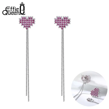 

Effie Queen 925 Silver Detachable Long Drop Dangle Earring with Heart Shape 82mm Created Ruby Earring Female Jewelry Gift EQE15