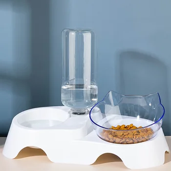 

Pet Double Bowl with Water Bottle Drink Fountain Cat Bowl Food Basin Rice Basin Protection Cervical Vertebra Cat Dog Bowl
