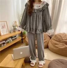 

spring women sleepwear plaid floral embroidery homewear 2 piece set long sleeve ruffles loose top pants pyjamas suit casual D072