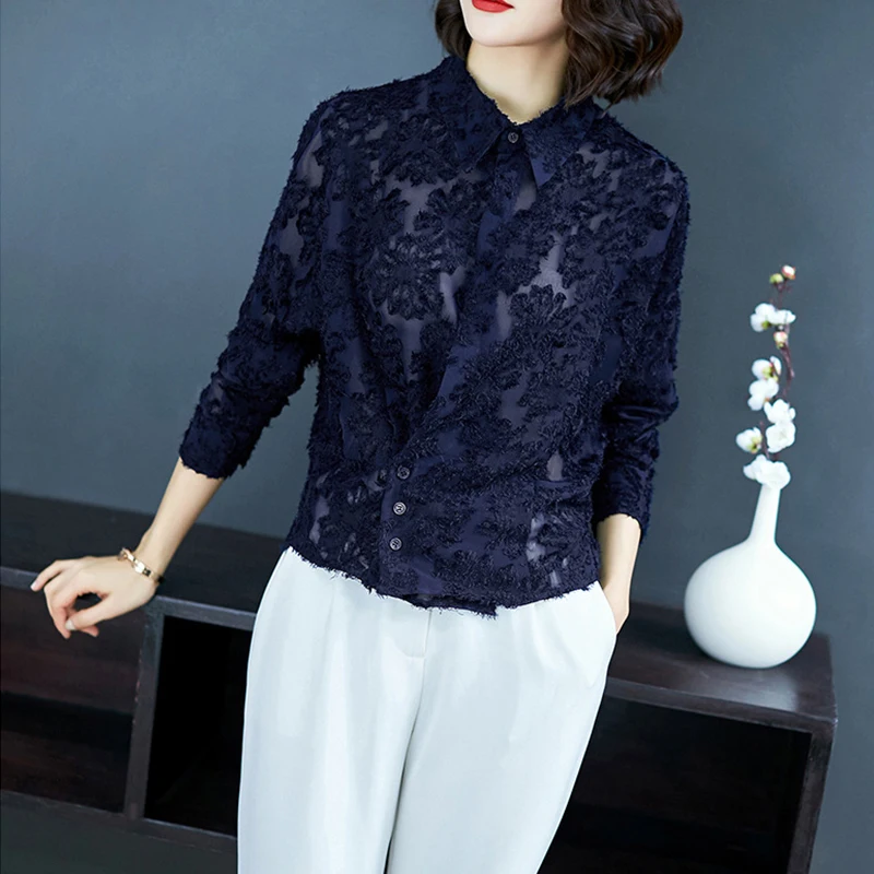 

Women's Shirt Spring Autumn Blouse 2020 Womens Tops and Blouses Office Lace Black Blouse Women Shirts Camisas Mujer MY2337