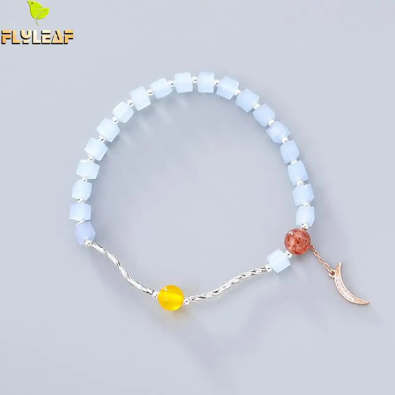 

Flyleaf Zircon Moon Strawberry Crystal Chalcedony Real 925 Sterling Silver Bracelets For Women Fine Jewelry Bracelets & Bangles
