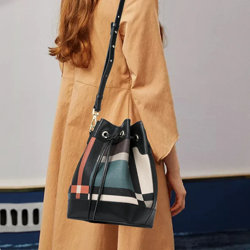 

New Style WOMEN'S Bag Genuine Leather Cross-body Bucket Bag Simple Versatile Japanese Korean Cowhide Plaid Pull-belt nv kua bao