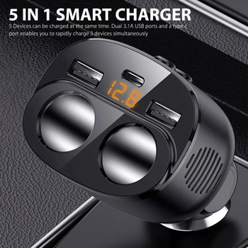 

3.1A Dual USB + Type-C Car Charger Fast Charging Power Adapter With Digital Display Double Cigarette Lighter Socket Splitter