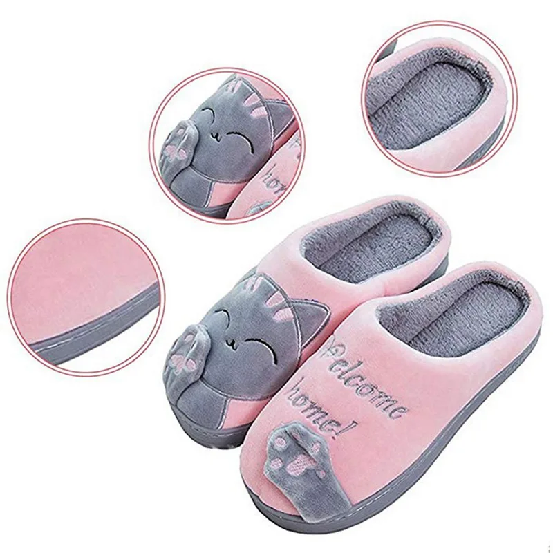 Home Women Winter Slippers Cartoon Cat Shoes Non-slip Soft Winter Warm House Slippers Indoor Bedroom Lovers Couples Floor