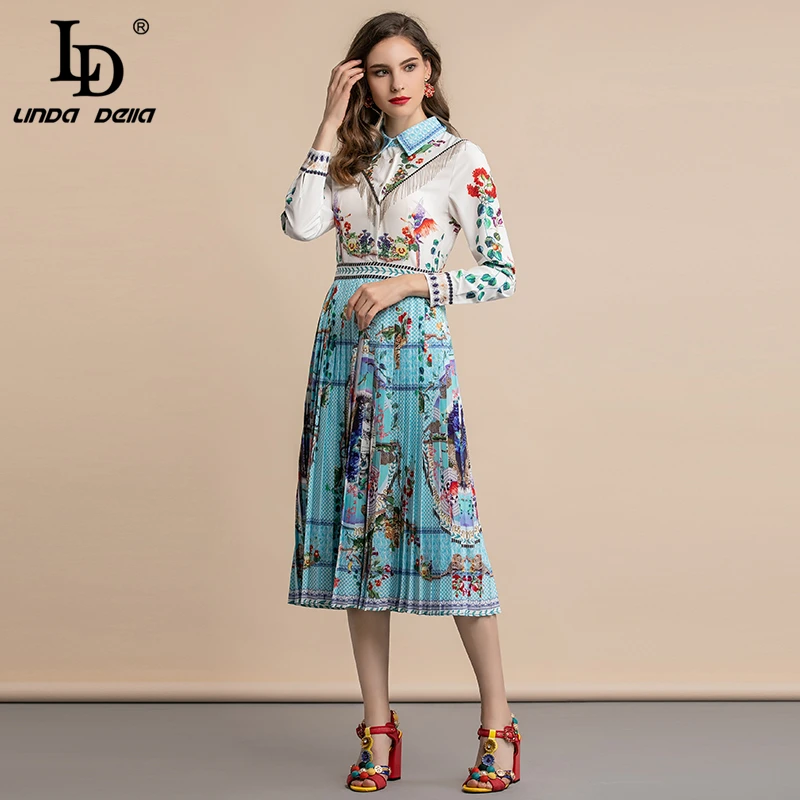 LD LINDA делла осеннее модное подиумное платье-рубашка женское с длинным рукавом повседневное с цветочным принтом Плиссированное с кисточками элегантное платье миди