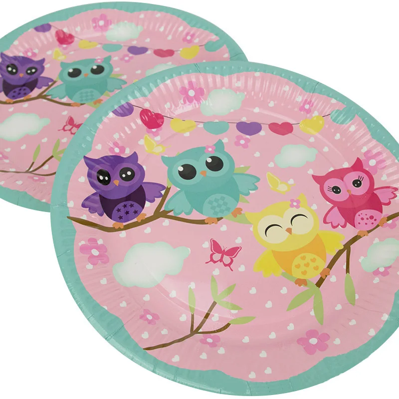 Розовая Сова тема одноразовая посуда набор лоток бумажное полотенце для чашек детский день рождения, детский душ вечерние Декор - Color: 8pcs 9inch plate