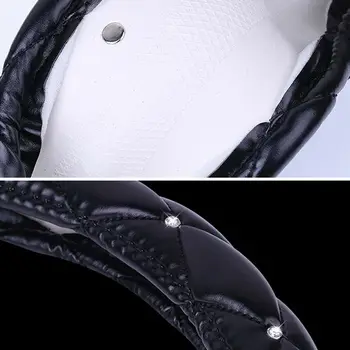 

1pcs Black Car Steering Wheel Cover Non-Slip Bling Cystal Rhinestones Decor For 14.57 "/37CM To 15"/38CM Soft PU Leather