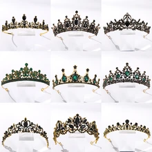 Vintage barokowy kolor czarny królowa Diadem korona Diadem kryształ Rhinestone biżuteria do włosów ślubna chluba ślubne akcesoria do włosów tanie tanio FORSEVEN CN (pochodzenie) Ze stopu cynku moda KRYSZTAŁ Kobiety TRENDY PLANT