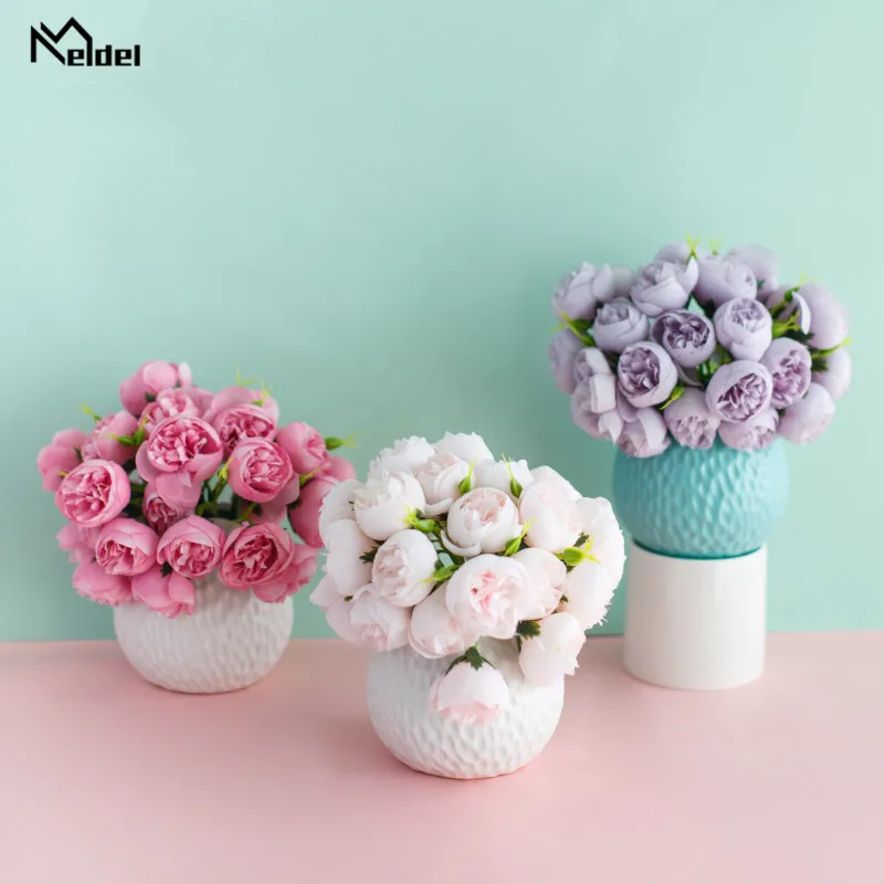 

Meldel 1 Bouquet 27 Heads Artificial Flowers Rose Tea Bud Flower Silk Fake Flowers for DIY Home Garden Wedding Decor Faux Flores