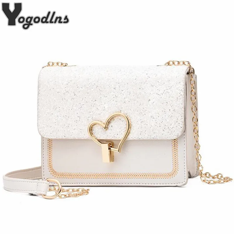 

Trendy Sequin Pu Leather Female Bag with Metal Love Shape Lock Girls Chain Messenger Shoulder Bag Small Flap Purse New Arrival