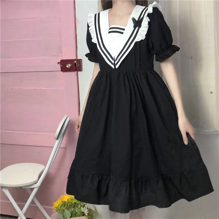 Japanese College Style Soft Girl Dress Sweet Sailor Collar Butterfly Cute Puff Sleeve Dresses Kawaii Ruffles High Waist Dress