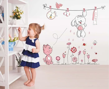 

Pink Cartoon Cat Rabbit Flower wall sticker For Baby Girls Kids Rooms Home Decor Teddy Bear Umbrella Classroom Wall Decals