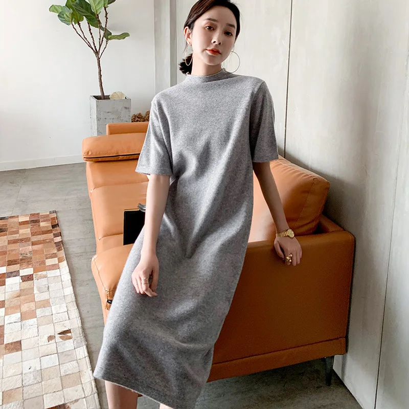 

Spring And Autumn New Style Jersey Dress Women's 100 Pure Wool X-long Short Sleeve Solid Color Skirt Women's