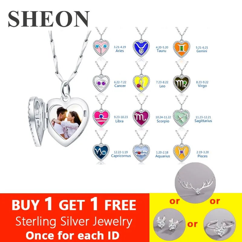 

SHEON 925 Silver Necklace Twelve constellations& Birthstone Heart Photo Locket Personalized Engraved Photo Jewelry For your Love