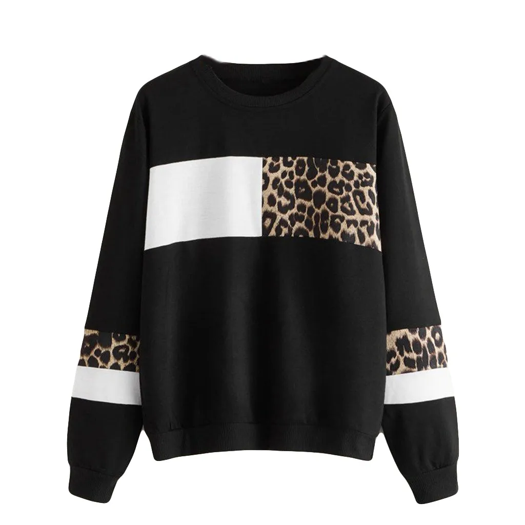 Women Sweatshirt Autumn pullovers Leopard Print O-Neck Patchwork long sleeve Cotton Long Sleeve Tops for female sudadera mujer - Цвет: Черный