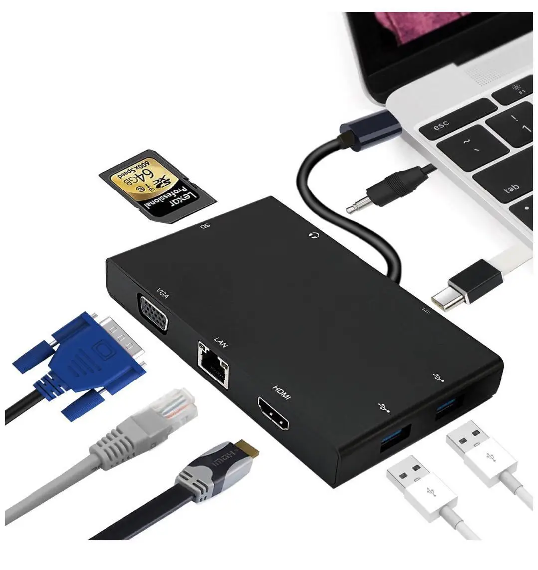 

Type C Usb Hub to HDMI Adapter Docking Station Aluminum Type-c to HDMI/VGA/SD/TF/RJ45/Hub USB 3.0/PD Charging SD converter