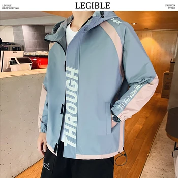 

LEGIBLE Hip Hop Patchwork Jacket Men Casual Loose Letter Printed Mens Jackets and Coats Harajuku Hooded Windbreaker Mens Jacket