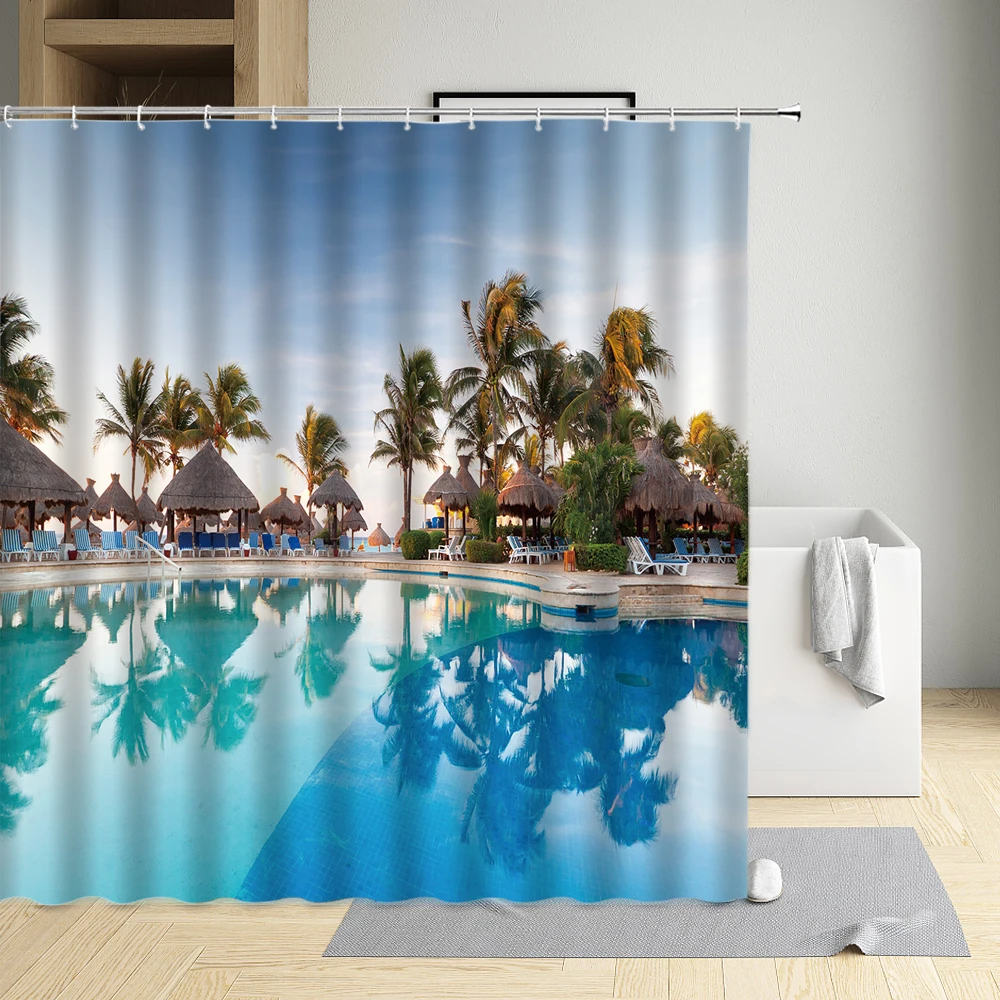 

Штора для ванной с кокосовой пальмой Мальдивы, занавеска для душа с пейзажем океана, с естественным ландшафтом, декор для ванной комнаты
