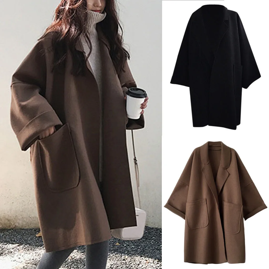 Модный женский Кардиган с длинным рукавом и карманом, Повседневный, шерсть, свободные топы, Тренч, пальто, зимний Корейский стиль, длинное однотонное Свободное пальто