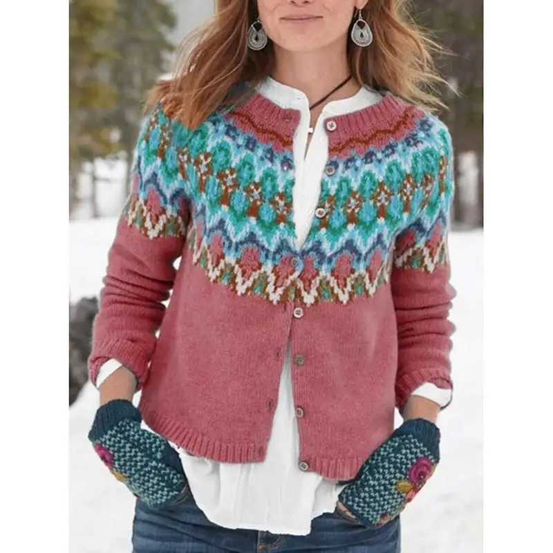 

Fall Winter Women Plus Size Knitted Long Sleeve Sweaters Button Casual Sweaters O-Neck Female Patchwork Cardigans Sweaters