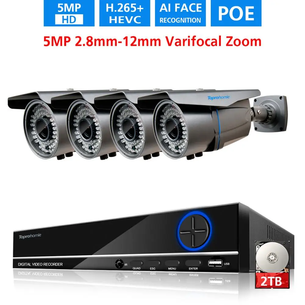 Система видеонаблюдения TOPROHOMIE H.265 + 4 канала 5 МП ИИ датчик лица POE IP камера