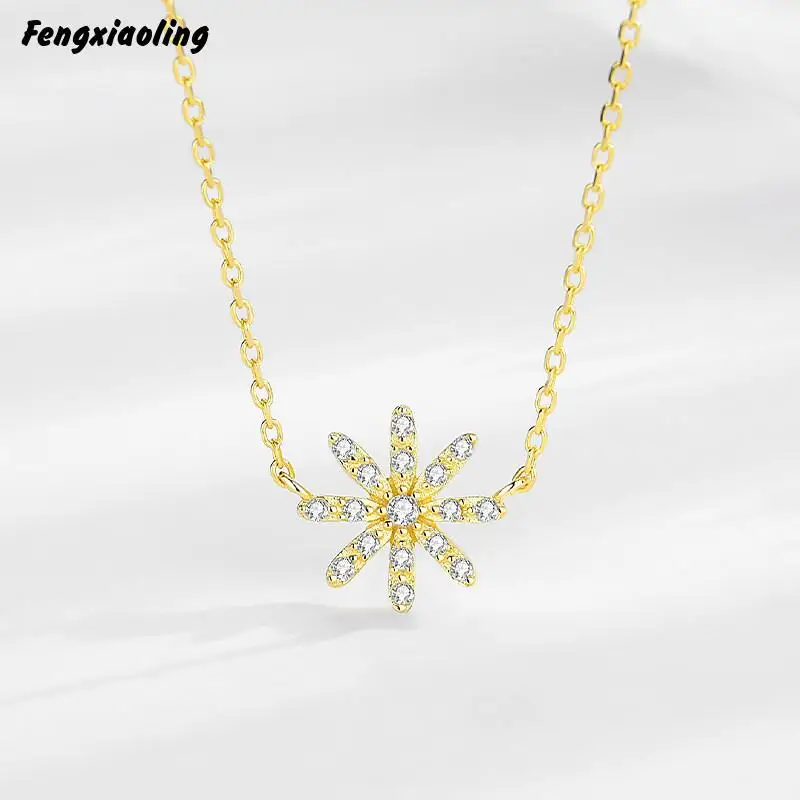 

Fengxiaoling 100% Genuine 925 Sterling Silver Multiple Zircons Golden Chrysanthemum Flower Pendant Necklaces Party Jewelry 2020
