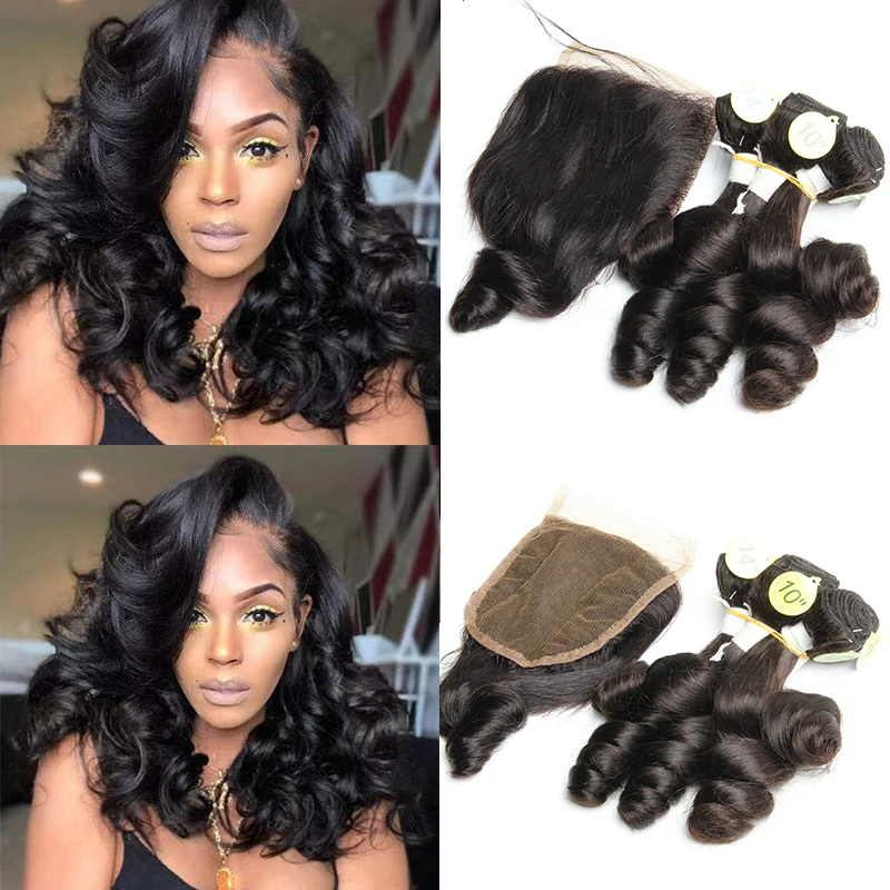 Loose Wave Bundles with Closure 4x4 Brazilian Human Hair Weave 5Pcs Bouncy Curly Bundles with Closure HD Transparant Pre-Plucked