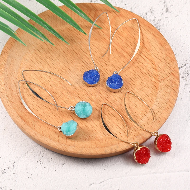 Drop Earrings Dangle Earrings Glitter Druzy Earrings for Women Fashion Gold Color Round Resin Stone Long Dangle Drop Earring Designer Jewelry Gift Trend