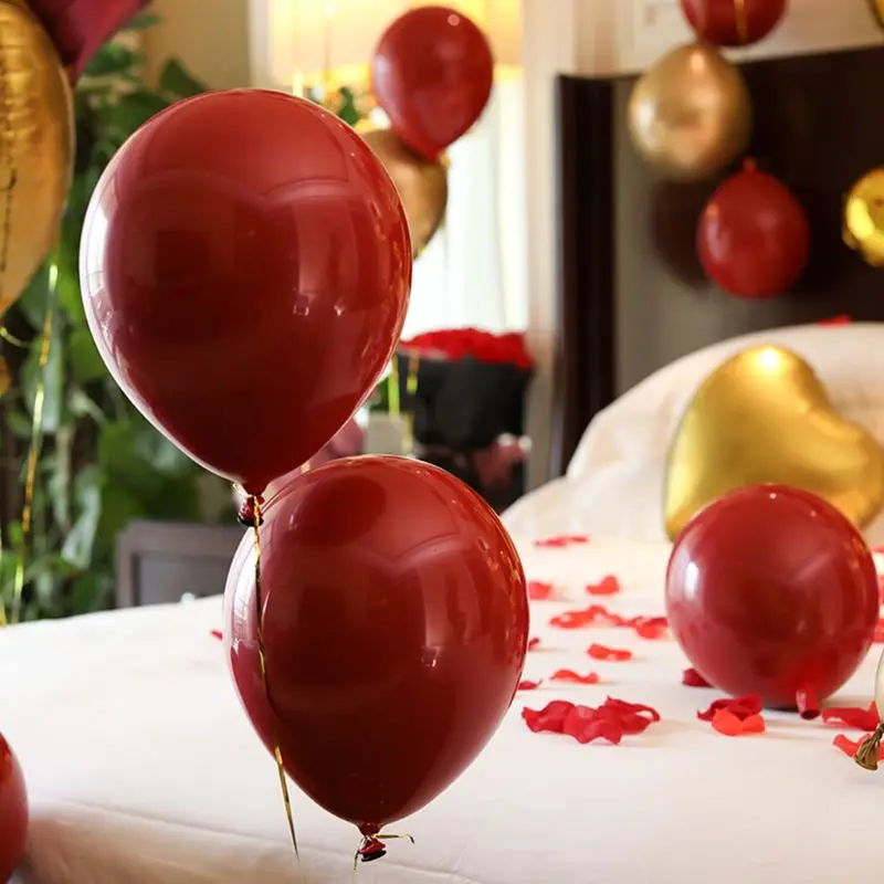 

50Pcs/Pack10 inch 6pcs Ribbon Latex Balloon Ruby Red Balloon Valentine Day 634E
